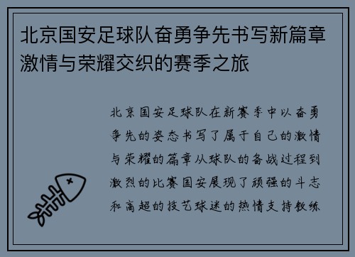 北京国安足球队奋勇争先书写新篇章激情与荣耀交织的赛季之旅